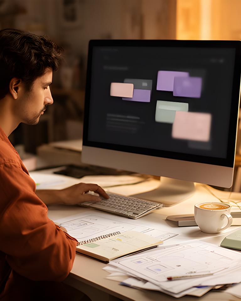 Web designer reviewing a service business website on a large monitor in a warm Burnsville studio