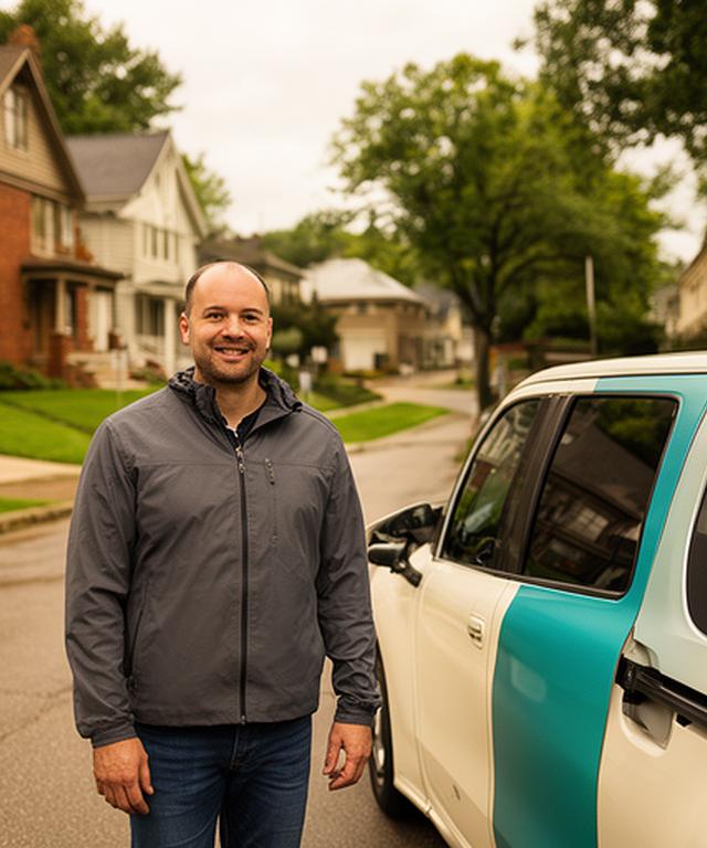 Small plumbing company owner standing beside a branded service van on a Minnesota residential street