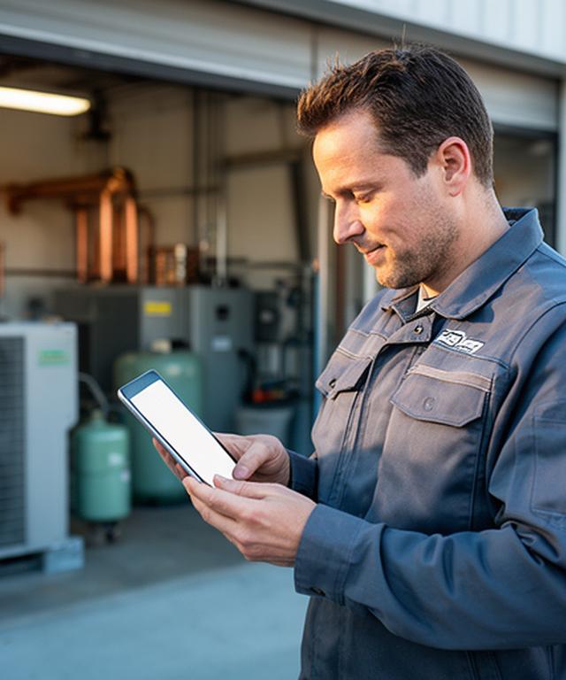 Local HVAC business owner checking a tablet outside a tidy mechanical workshop