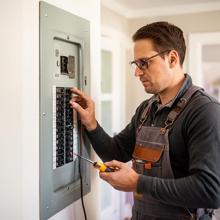 Electrician inspecting a residential breaker panel in a clean Minnesota home
