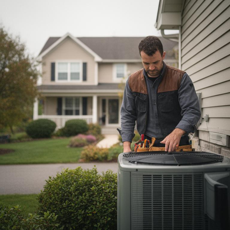 HVAC technician checking an outdoor heat pump beside a suburban home