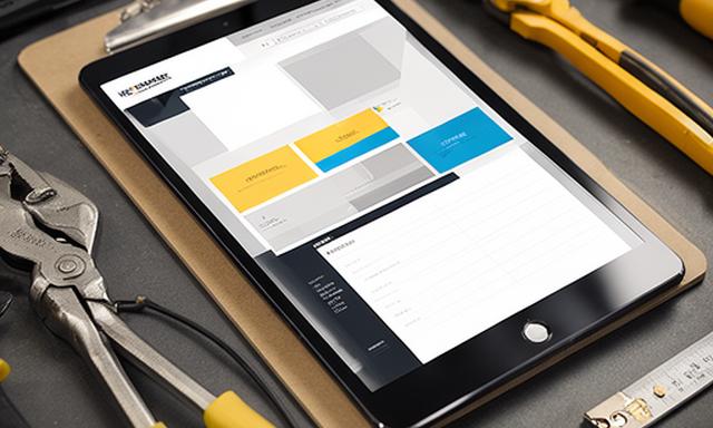Modern electrician website on a tablet beside tools and a work order clipboard