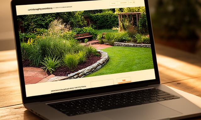 Landscaping portfolio website displaying a backyard project photo on a laptop
