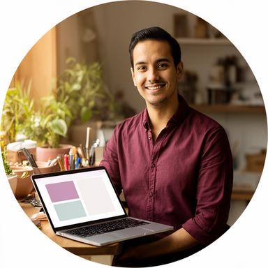 Web studio founder reviewing a small business website in a warm Burnsville workspace