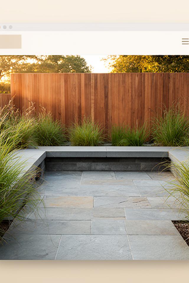 Stone patio with built-in seating, ornamental grasses, and a timber privacy screen behind a sample landscaping website layout