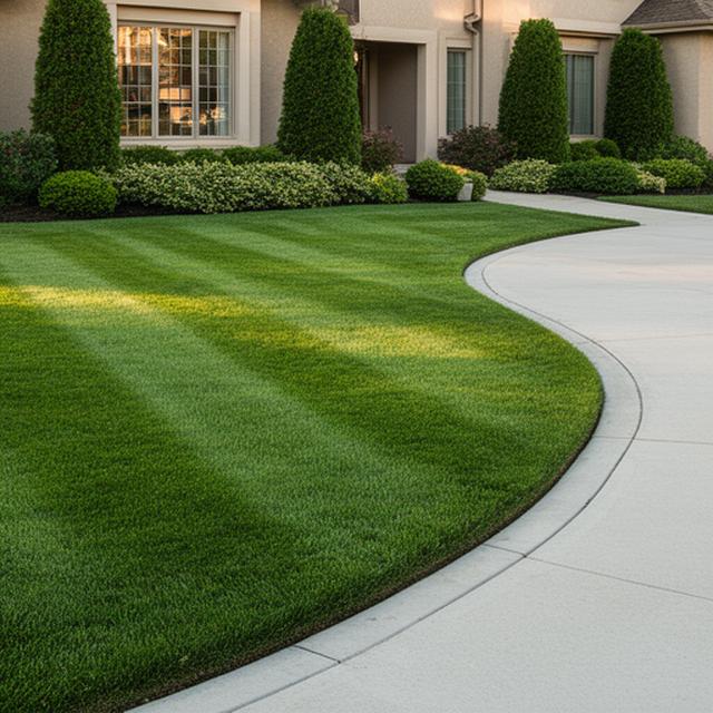 Healthy striped lawn with precise edging around a curved driveway and clipped foundation shrubs