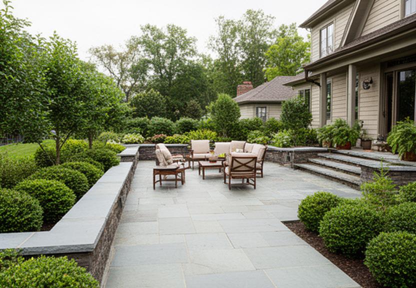 Wide bluestone patio with low garden walls, mature shrubs, and outdoor dining furniture beside a Minnesota home