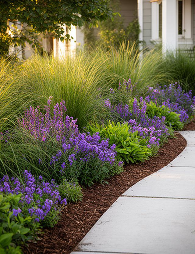 Layered perennial planting bed with purple flowers, ornamental grasses, and clean mulch edges along a residential walkway