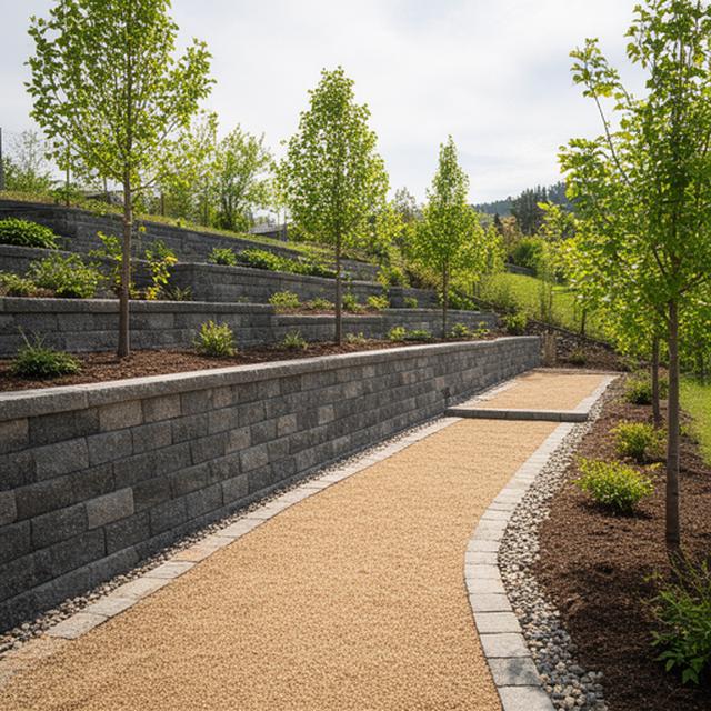Segmental retaining wall supporting a terraced backyard with young trees and a neatly finished gravel path