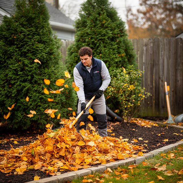 Crew member clearing autumn leaves from a tidy garden bed beside evergreen shrubs and a wood fence