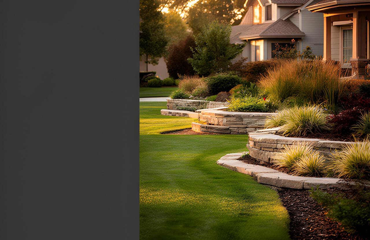 Freshly edged suburban lawn with stone garden beds and layered native plants in warm evening light