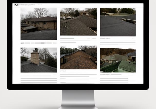 Roofing portfolio page with low contrast photos and sparse project information