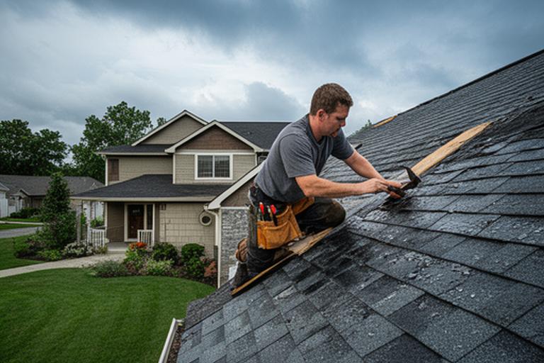 Roofing contractor inspecting a recently repaired shingle roof beside a suburban home after a storm