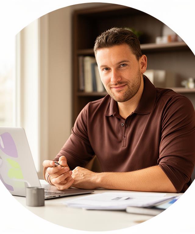 Local roofing business owner reviewing quote requests at a desk in a bright Burnsville office